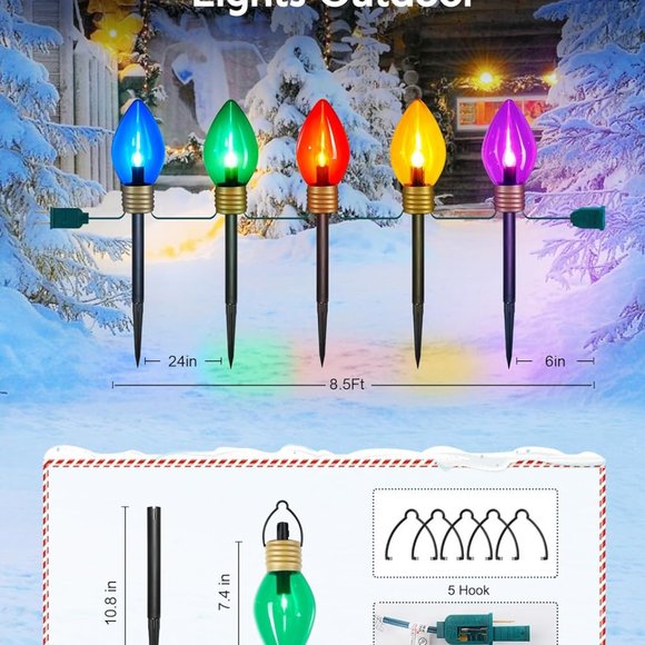 Jumbo C9 Christmas Pathway Light - 8.5 Ft 5 LED C9 Lights, C7 Lights  Multicolor - Picture 4 of 6